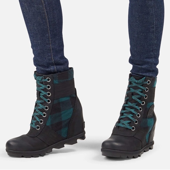 New! Sorel Lexie Wedge Boot Teal Blue & Black Buffalo Check Plaid - Picture 2 of 8